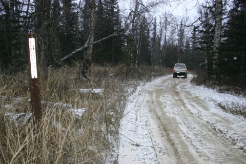 2003 Jeep TJ - A white SUV drives away on a snow-covered dirt road, passing a trail marker in a wooded area.