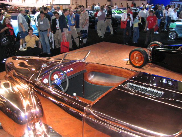 Copper hot rod with wood interior and orange wheels
