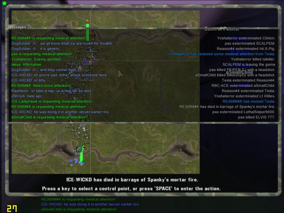 Computer game interface with chat logs and a map