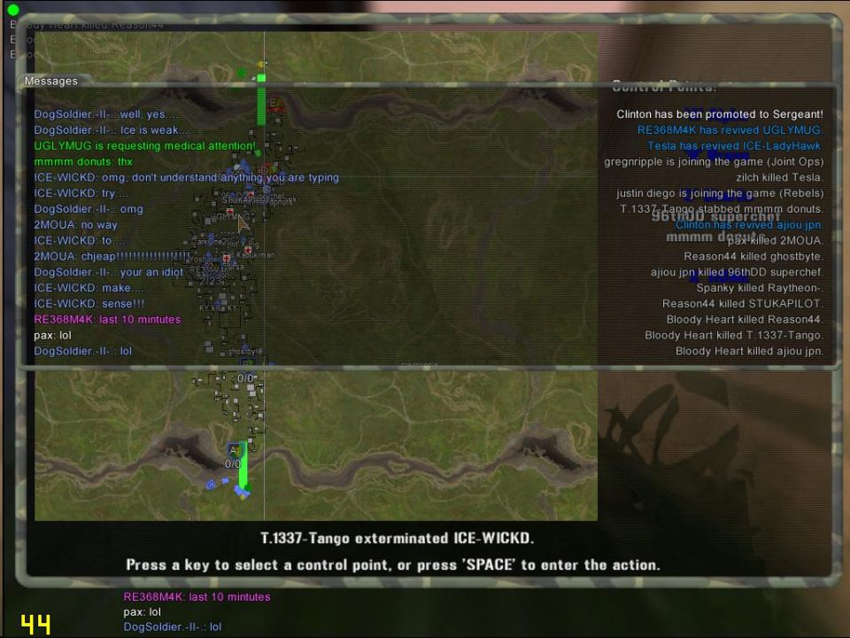 Computer game interface with map and chat logs