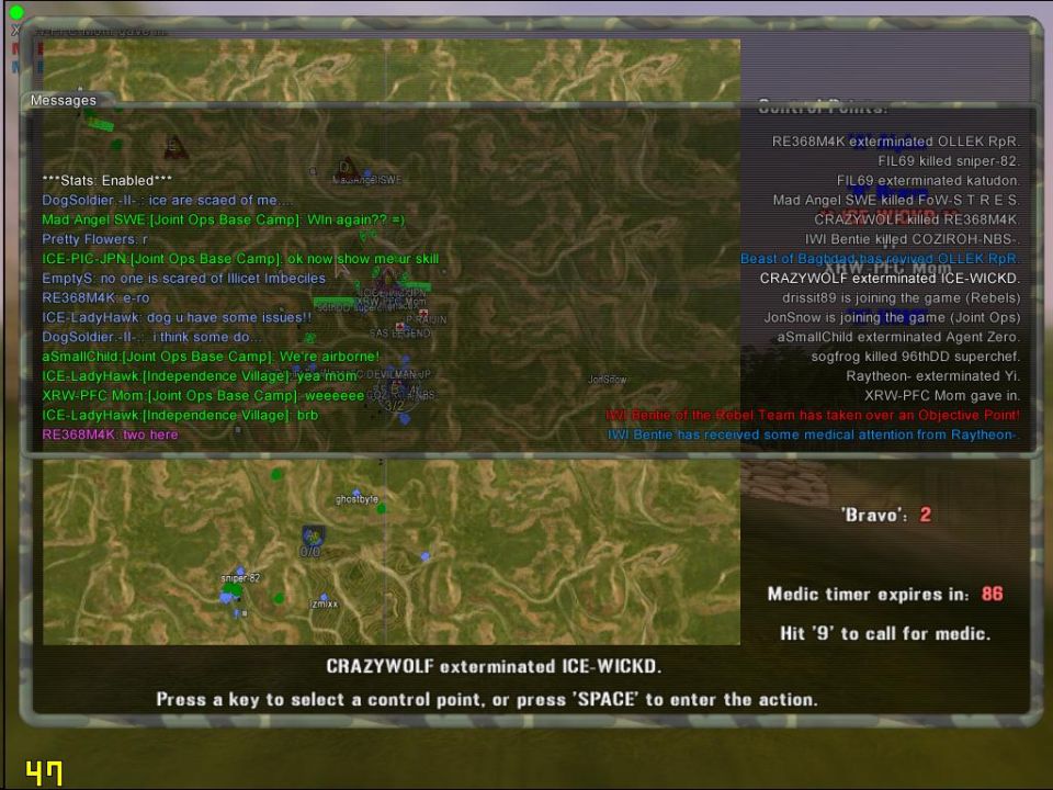 Computer screen displaying a video game interface with chat logs, a map, and game status