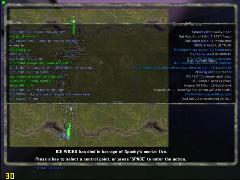 1993 Ford Bronco - This is a screenshot of a multiplayer game, displaying a map, player messages, and combat logs.