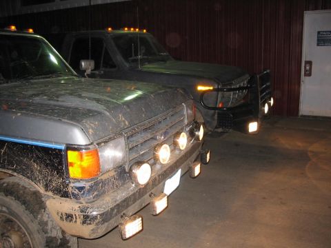 1985 Ford F-350 - Two trucks are parked side-by-side in a garage, one in the foreground with auxiliary lights and a blue stripe.