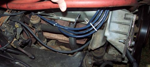 1985 Ford Crown Victoria LTD - Close-up view of an engine bay, focusing on spark plug wires and hoses.