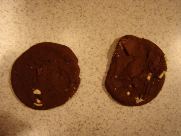 two chocolate chip cookies on a speckled surface