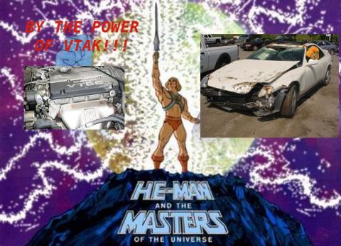 1992 Ford Probe - A heavily damaged white coupe is shown next to an engine with VTEC technology, overlaid on a He-Man graphic.