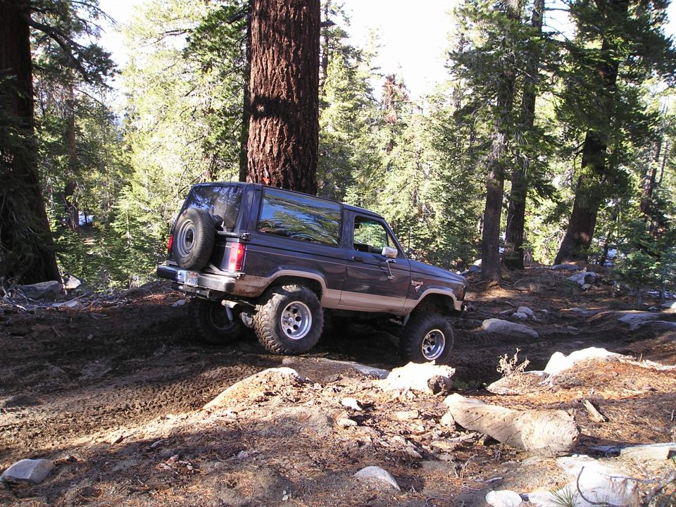 Dark blue and tan Ford Bronco II off-roading on a dirt trail with large tires and a spare tire on the back