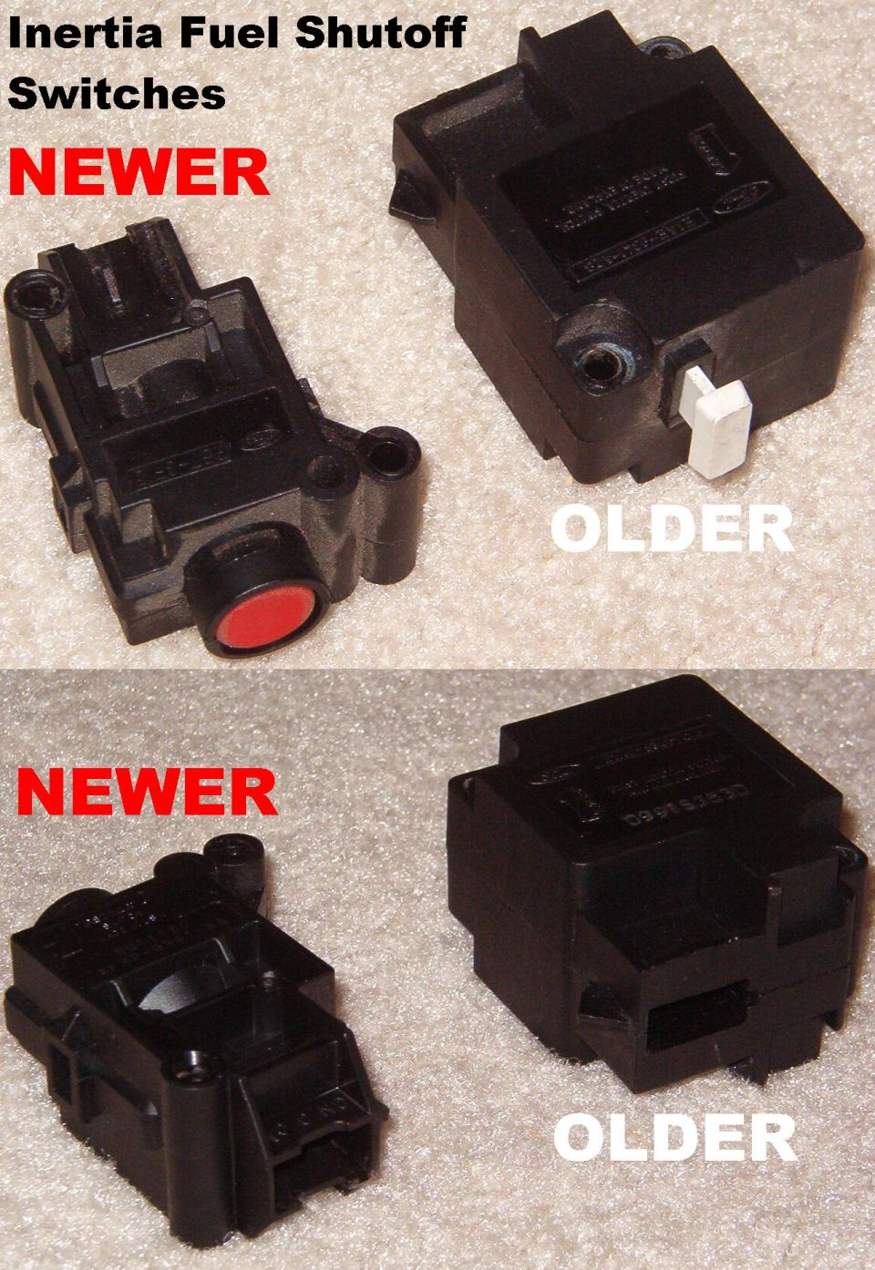 Comparison photos of two black Ford inertia fuel shutoff switches labeled newer and older