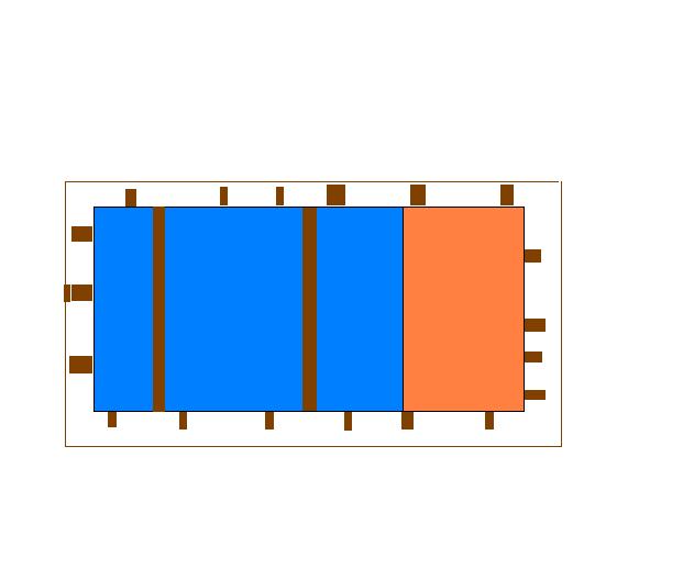 Abstract colored-block diagram of blue and orange rectangles with brown bars
