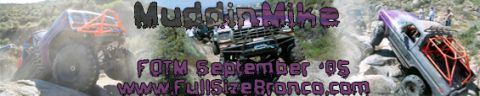 1996 Ford Bronco - Multiple off-road vehicles equipped with roll cages navigate a rocky terrain, with text overlay indicating 'Muddy Mike' and 'FOTM September…