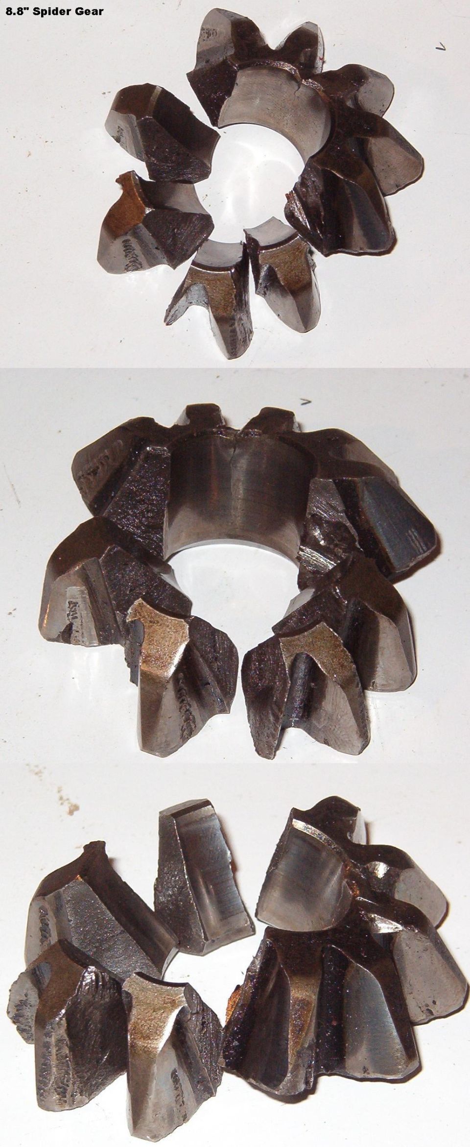 Three views of a worn 8.8 inch differential spider gear with chipped teeth