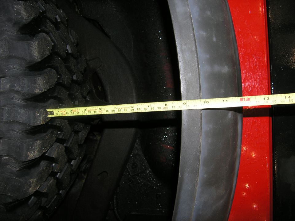 Measuring tire to fender gap with a tape measure on a red vehicle
