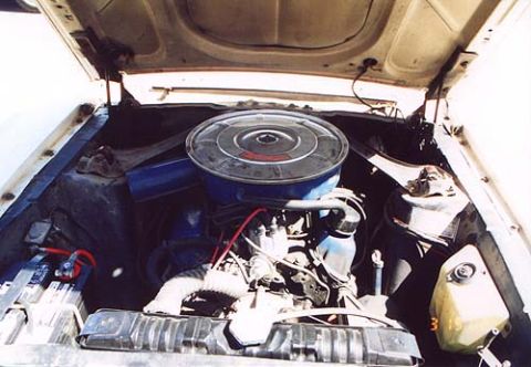 1967 Ford Mustang - Engine bay of a 1967 Ford Mustang, showing the V8 engine and associated components.
