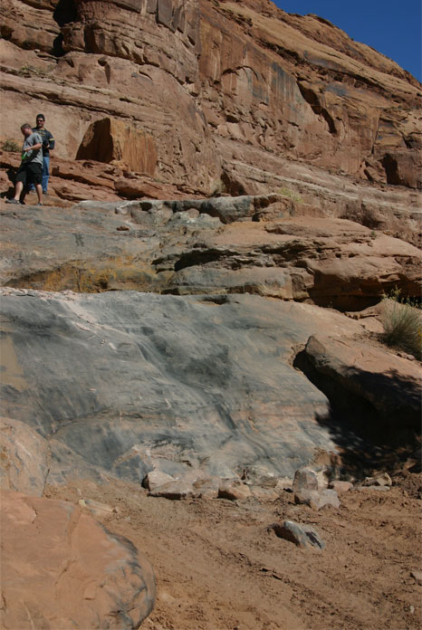 1993 Ford Bronco - Two individuals observe the vast, arid landscape of a canyon, with layered rock formations under a clear blue sky.