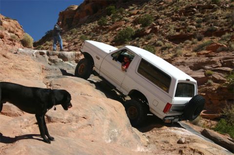 1993 Ford Bronco - A white 1993 Ford Bronco tackles a challenging off-road trail in Moab, Utah.