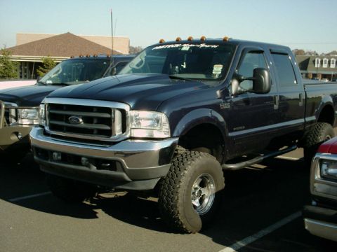 2002 Ford F-250 - A lifted 2002 Ford F-250 pickup truck is seen from the front-three-quarter view, parked alongside other vehicles.