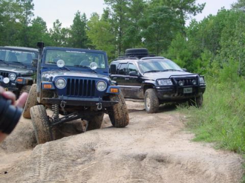 2002 Jeep Wrangler - Two Jeeps navigating a sandy, off-road path with trees in the background.
