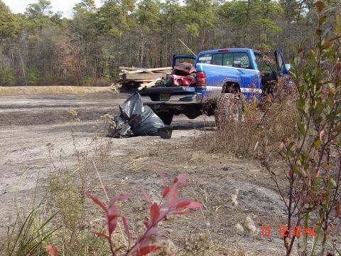 1995 Dodge 1500 - A blue pickup truck is loaded with lumber and trash bags, parked in a wooded area.