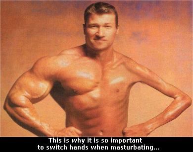1989 Ford Bronco - Bodybuilder with unusually thin left arm and muscular right arm, with text about switching hands.