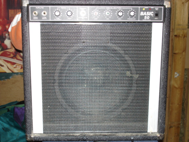 Black Basic 50 combo amplifier with single speaker and white side stripes