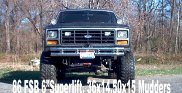 1986 Ford Bronco - Front view of a lifted 1986 Ford Bronco with large mud tires and custom grille.