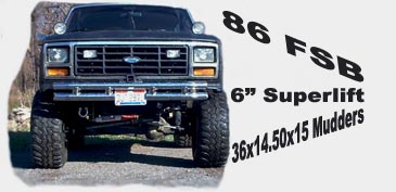 1986 Ford Bronco - This lifted 1986 Ford Bronco features a 6" Superlift and 36x14.50x15 mud tires, as indicated by the text overlay.