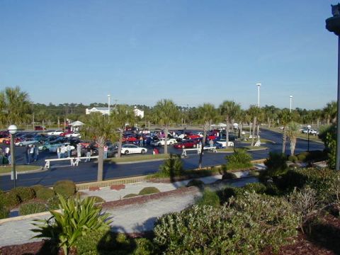 1994 Ford Probe - A large gathering of vehicles is seen in a parking lot under a clear blue sky, surrounded by palm trees.