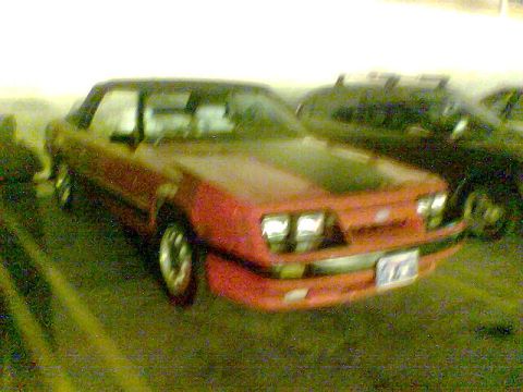 1988 Ford Bronco - A red coupe with a black hood and roof is parked on grass next to another dark vehicle.