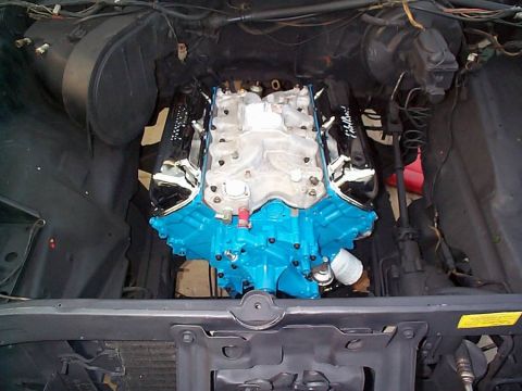 1979 Ford Bronco - Engine bay view of a blue engine with chrome valve covers.