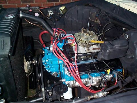 1979 Ford Bronco - Close-up view of an engine bay a bright blue engine block and red spark plug wires.