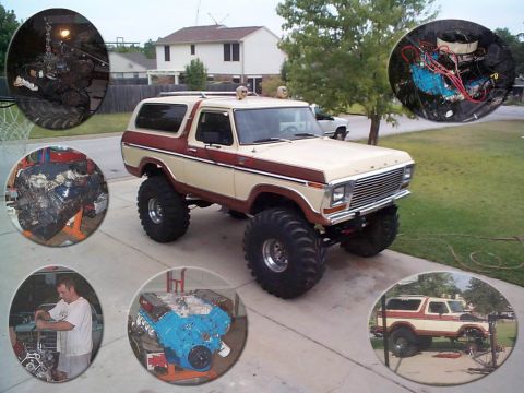 1979 Ford Bronco - A tan and dark-red two-tone lifted Ford Bronco full-size SUV sits on a driveway with oversized off-road tires and polished wheels, shown in…