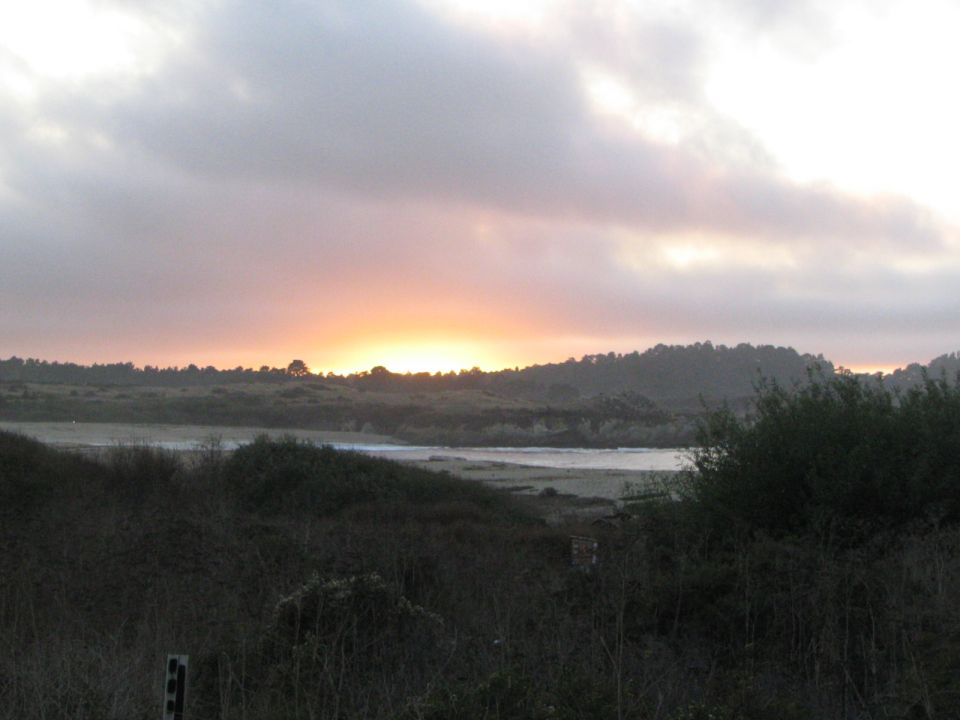 Overcast sky at sunset over a body of water and hills, foreground with dense brush