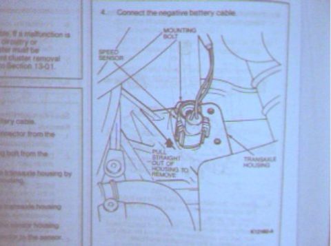 1992 Ford Probe - Service procedure figure showing how to pull the speed sensor straight out of the transaxle housing, with mounting bolt callout.