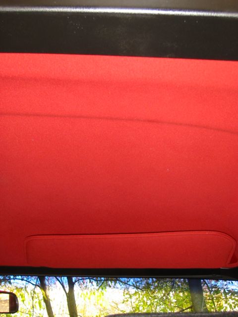 1990 Ford Bronco - The interior of the vehicle features a bright red headliner and sun visor, with trees seen through the windshield.