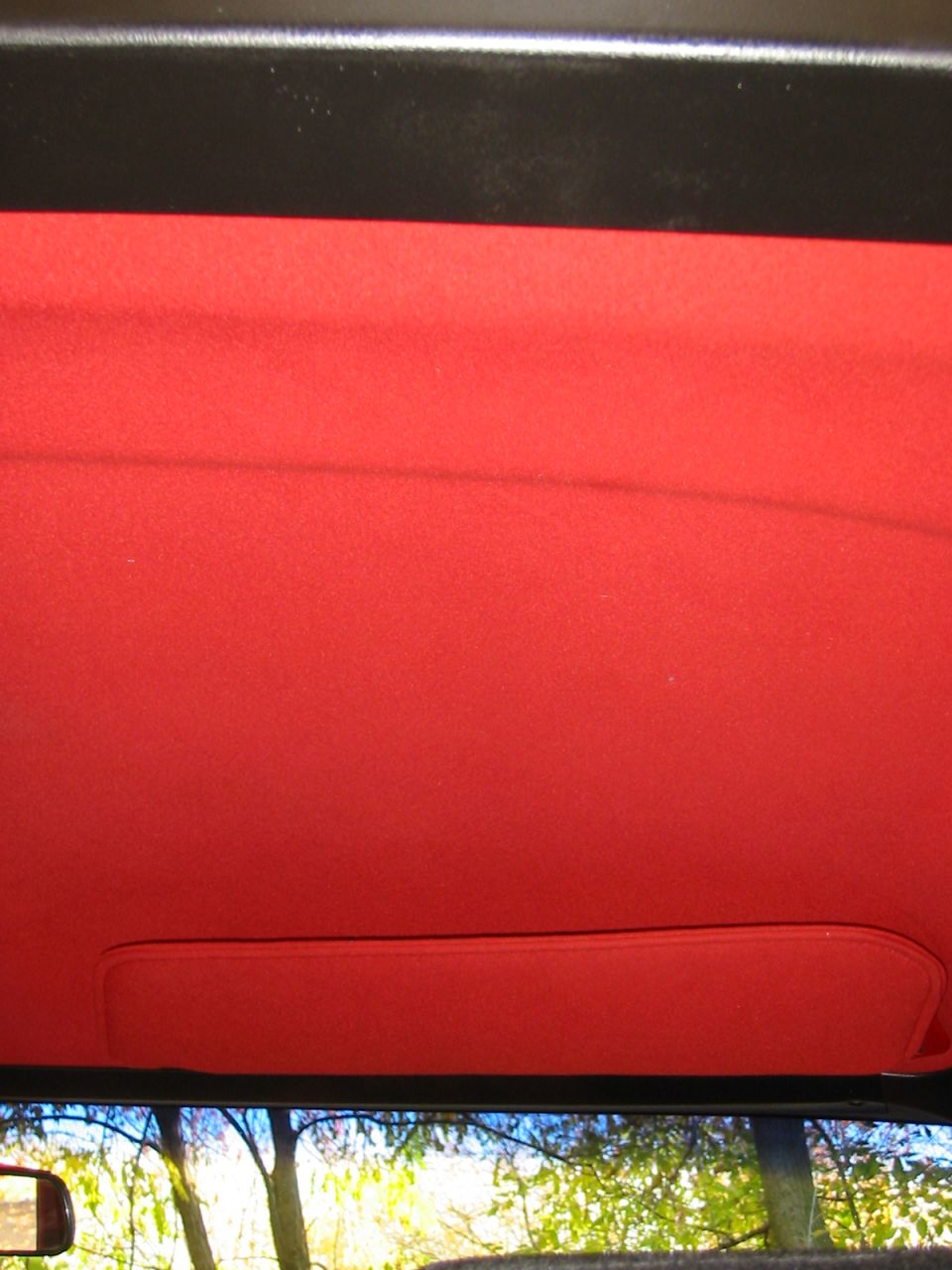Interior shot of a vehicle's red headliner and sun visor. Trees visible through the windshield
