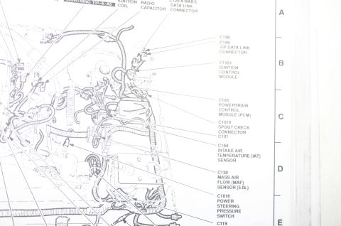 1994 Ford Bronco - This diagram illustrates the location of the spout connector and other engine components, with labels for various modules and sensors.