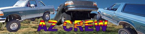 1996 Ford Bronco - Three lifted Ford Bronco SUVs are shown in a desert scene with the text "AZ CREW" overlaid.