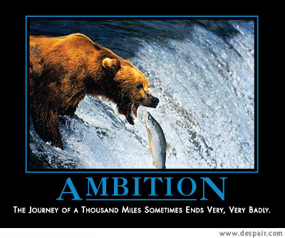 2001 Ford Crown Victoria - A bear attempts to catch a salmon mid-air as it leaps through a waterfall. The image is part of a motivational poster with the word "AMBITI…