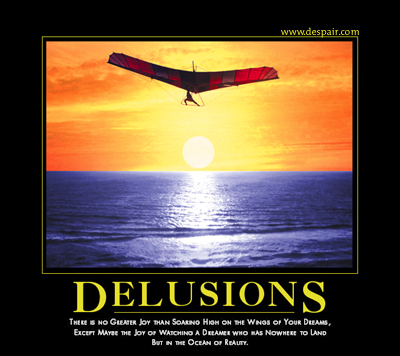 2001 Ford Crown Victoria - A hang glider soars over the ocean at sunset, with the word 'DELUSIONS' and a quote below.