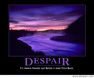 2001 Ford Crown Victoria - A dark, misty river flows under a purple and pink sunset sky, with the word DESPAIR printed below.