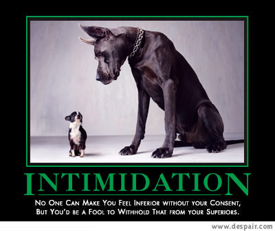 2001 Ford Crown Victoria - A large dog looms over a small dog, illustrating the theme of intimidation and perceived inferiority.