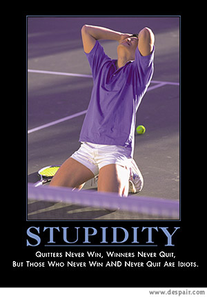2001 Ford Crown Victoria - A dejected tennis player kneels on the court with a ball nearby, illustrating the concept of 'Stupidity'.
