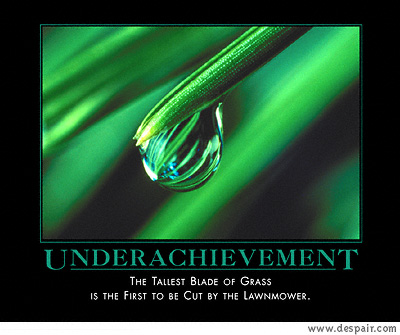 2001 Ford Crown Victoria - A close-up of a dewdrop on a blade of grass is presented with a motivational quote about underachievement.