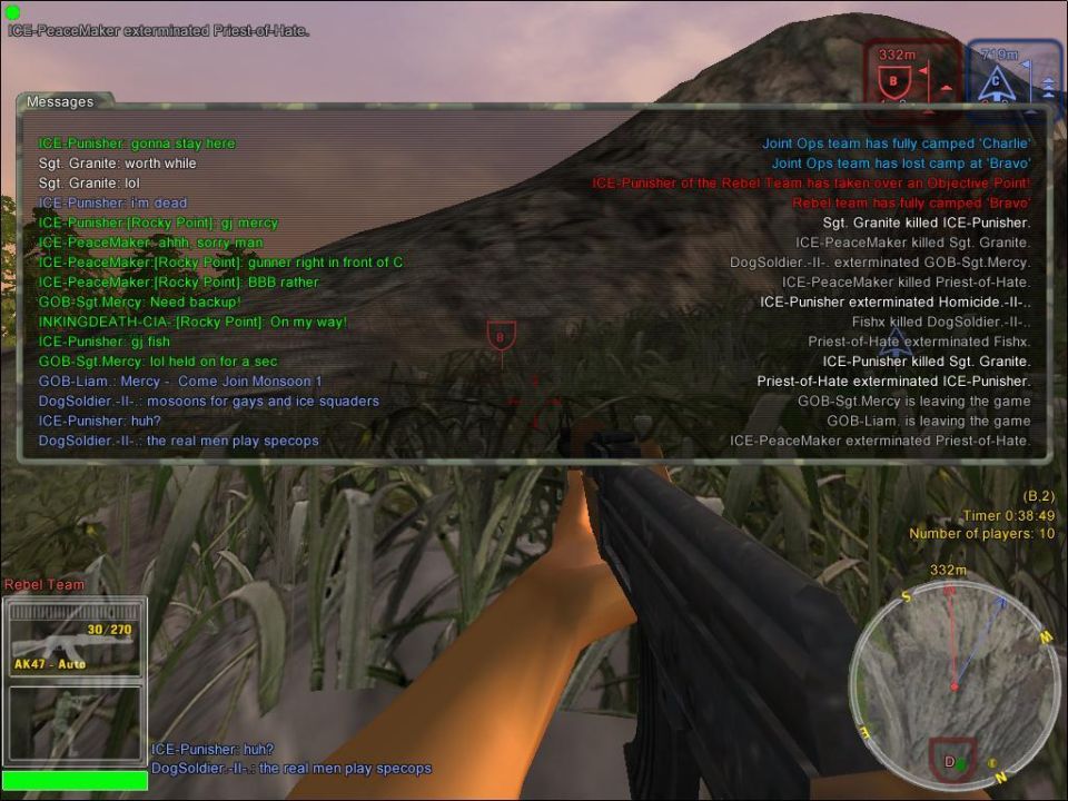 First-person view in a video game, showing a weapon and game interface with chat logs