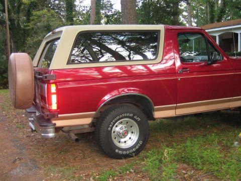 1994 Ford Bronco - Rear view of a red 1994 Ford Bronco with a tan removable hardtop and a spare tire carrier.
