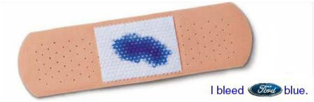 1978 Ford Mustang II - Band-aid with blue ink stain and Ford logo, text reads 'I bleed Ford blue.'