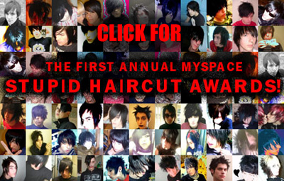 1993 Ford Bronco - Collage of people with various hairstyles and text 'CLICK FOR THE FIRST ANNUAL MYSPACE STUPID HAIRCUT AWARDS!'