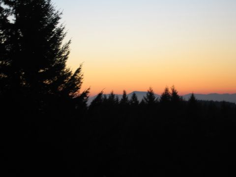 1996 Ford Probe - A sunset paints the sky with orange and yellow hues over a silhouetted mountain range and forest.