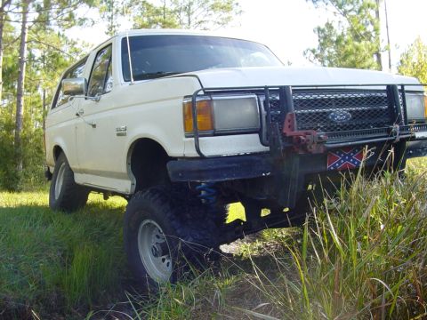 1989 Ford Bronco - This lifted Ford Bronco, modified with a brush guard and flag, is seen in a grassy outdoor setting.