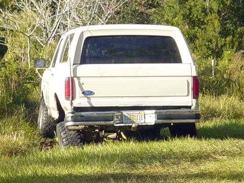 1989 Ford Bronco - Rear view of a 1989 Ford Bronco, showing its license plate and off-road tires.